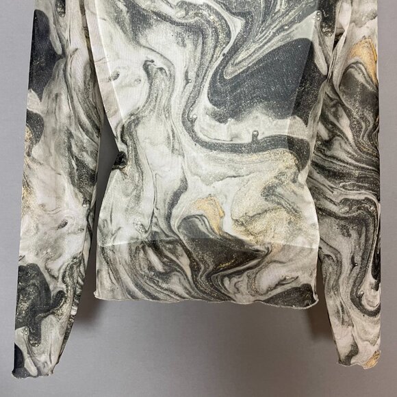 Amisu Sheer Top Marbled Print Gray Long Sleeve Mock Neck Clubbing Festival Woman - Picture 6 of 9